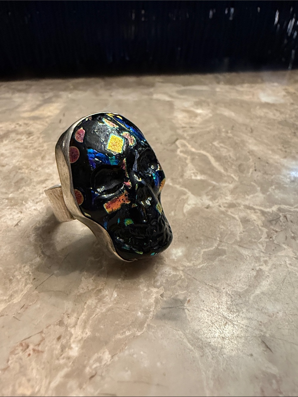 Artisan created sterling silver glass skull ring signed .925 unusual size 10